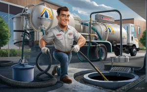 A smiling worker in uniform pumping out a commercial septic tank using specialized equipment and trucks with the company's logo