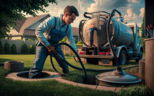 A septic tank technician in blue uniform pumping out a residential septic tank system using a large truck in a suburban backyard setting
