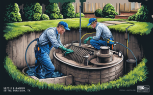 Two workers in blue overalls cleaning and maintaining a large septic tank in a residential backyard setting with lush greenery and shrubbery