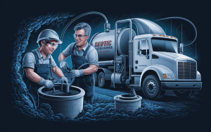 An image depicting a septic service professional in uniform maintaining a residential septic tank system on a well-landscaped property with a large house in the background.